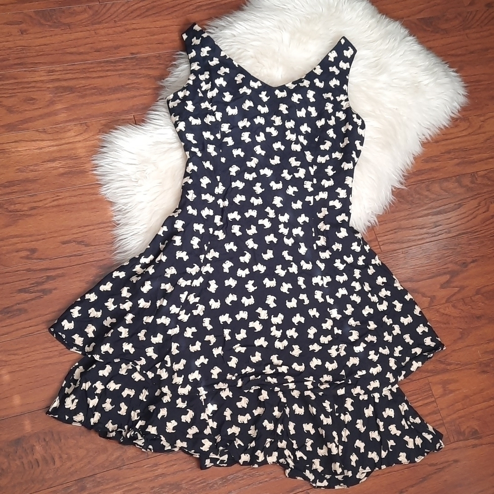 Vintage Scottie Dog Navy& Beige Ruffled Fitted Dress